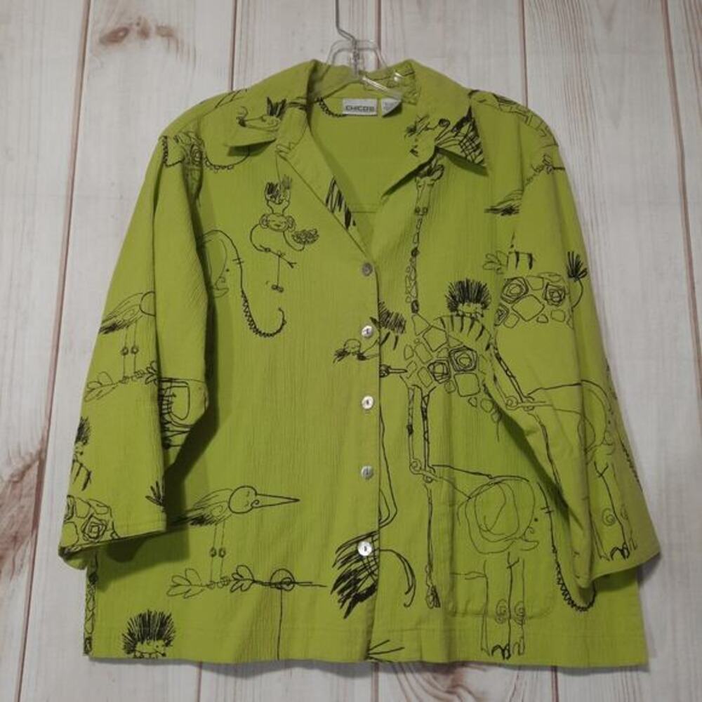 Chico's Shirt Ladies Medium Chico's 1 Green Animals Embroidered‎